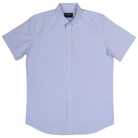 Men's Regular Fit Short Sleeve Shirts Casual Blue White Striped Oxford Button Down Collar (XL) Cover
