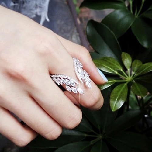 White Gold Plated Cubic Zirconia Inlaid Creative Chic Angel Wing Design Adjustable Statement Ring Personalized Accessory Ideal for Women's Daily Casual Wear Party Holiday Anniversary Love Jewelry Gift4
