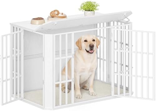 Hzuaneri Hundekäfig Möbel, 120 cm Hundebox, Mehrtür-Design, Weiß | Hundebox aus Holz für den Innenbereich mit Futtertür Oben, Großer Hundekäfig-Beistelltisch, 120 x 75 x 81 cm, DFC