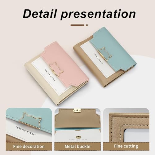 PU Leather Trifold Wallets for Women, Women’s Short Wallet Color Blocking, Ladies Wallet with Multi Slot and ID Window for Cards, Photos (Pink)3