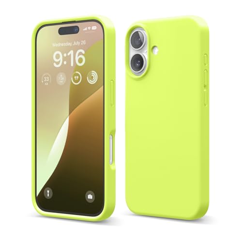 Image of elago Compatible with iPhone 16 Case, Premium Liquid Silicone Case, Full Body Protective Cover, Shockproof, Slim Phone Case, Anti-Scratch Soft Microfiber Lining, 6.1 inch (Neon Yellow)