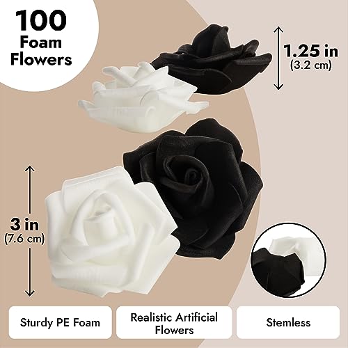 Image of Bright Creations Black & White Roses Stemless Foam Rose Heads - 100 Pack, 3 in Polyethylene Craft Foam - Faux Flowers for DIY Arrangements & Wedding Flowers