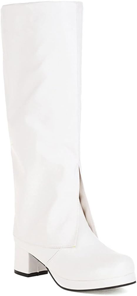 Amazon Co Jp ニーハイブーツの上の女性 ファッション エレガントなマイクロファイバーレザーストレッチニーブーツ5 5cm厚いヒールのズボンチューブファッションショーパーティーステージパフォーマンスのためのハイブーツ 白 38eu シューズ バッグ