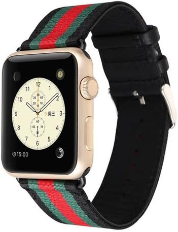 MORTREE Nylon and Leather Band for Iwatch 42mm Series 3 or 44mm Series 4 Bands,Woven Nylon Replacement Band with Top Layer Genuine Leather Wrist Band for Iwatch(Green and Red in Black 42mm)