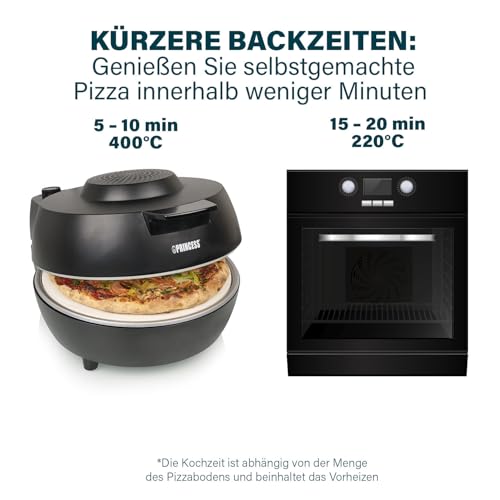 Princess Pizzaofen Pro 115005 – ø30 cm – Echter Pizzastein – Cool-Touch-Gehäuse für sicheren Gebrauch – Temperatur und Timer einstellbar – 1200 W – Schwarz
