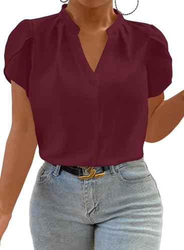 Eytino Women Plus Size Work Tops Summer Chiffon Petal Sleeve V Neck Office Work Blouse Shirts,2X Red