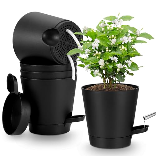 Yimomoyi 5PCS Macetas con Sistema Autorriego, 13cm Maceteros Decorativos Interior con Agujeros de Drenaje, Macetas Plástico con Plato, Macetas De Flor para Interior para Decoración del Hogar (Negro)