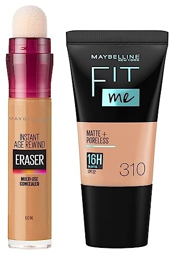 Image of Maybelline New York Instant Age Rewind Concealer, Caramel, 6Ml And New York Fit Me Matte+Poreless Liquid Foundation Medium Coverage For Oily Skin Tube, 310 Sun Beige, 18Ml, Pack Of 1
