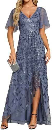 Ever-Pretty Women's Shimmery Formal Dress V Neck Sequins A-Line Side Slit Elegant Long Evening Dresses 02083