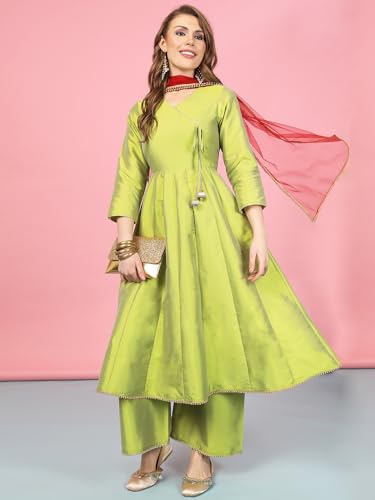 Image of A.T.U.N. (ALL THINGS UBER NICE) Cotton Women Anarkali Paneled Kurta With Palazzos & Dupatta