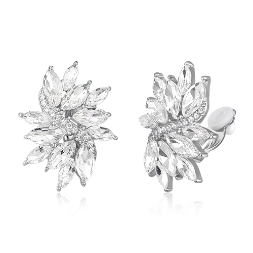 EVER FAITH Sparkly Rhinestone Clip-on Earrings for Women Bride, Fashion Marquise Crystal Cluster Wedding Bridal Stud Earring for Prom Formal Party