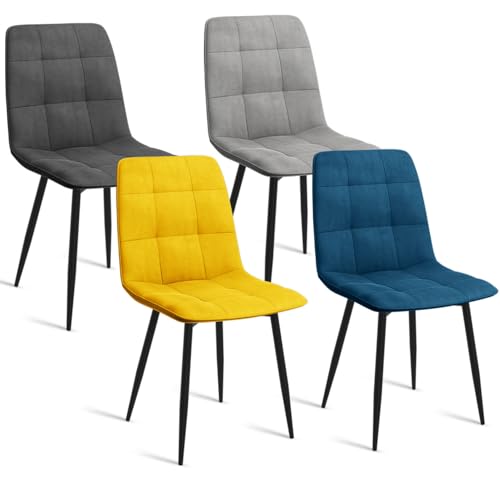 IDMarket - Set di 4 sedie Mila in velluto Mix Color Blu, Grigio Chiaro, Grigio Scuro, Giallo