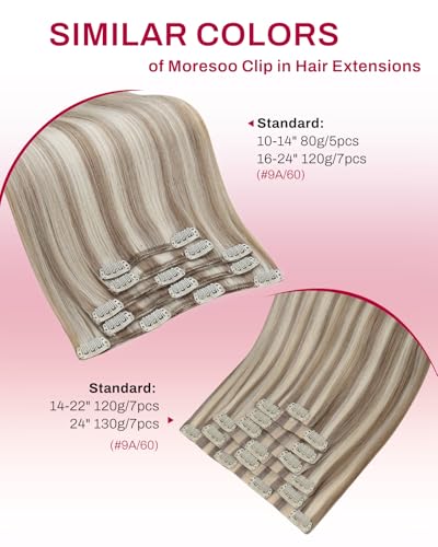 Image of Moresoo Real Human Hair Extensions Clip in Thick Light Ash Brown to Light Blonde Highlights Seamless Clip in Hair Extensions Remy Hair for Women Clips in Extensions Real Hair Long 120g /7pcs 20 inch | Clip in human hair extensions, light ash brown to light blonde, 120g 7pcs, for daily glam, for office to evening styling