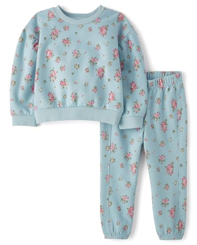 The Children's Place,Baby Girls,and Toddler Long Sleeve Active Shirt and Pant, 2 Piece Outfit,Dusky Blue Floral,2 Years,