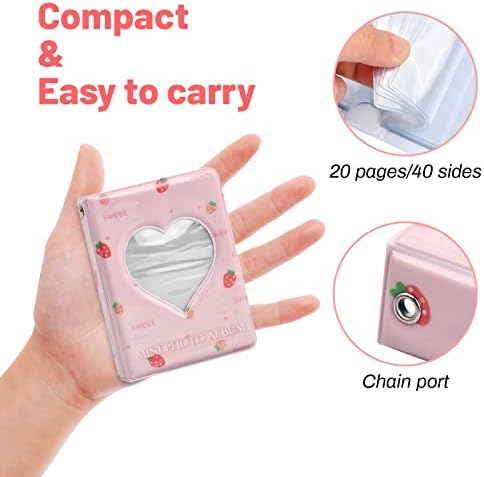 Tinsellns 3 Inch Mini Photo Album 20 Sheets 40 Pockets Kpop Photocard Holder 8x11x2.5cm Refillable Picture Collect Album Love Heart Hollow Photocard Holder Book for Photos Camera Picture Cards, Pink