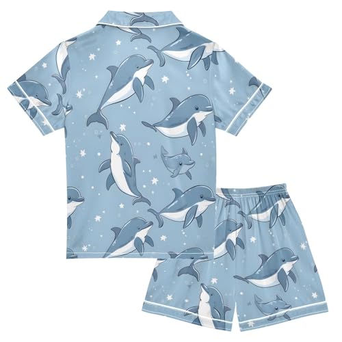 ALAZA Cute Dolphin Polka Dot Satin Pajamas Set Short Sleeve Button Down Sleepwear Summer Pjs 2 Piece2