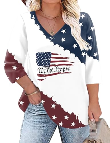 TFSDOD Fourth of July Shirts for Women Plus Size Summer Tops for Women 2026 V Neck American Flag Print XXL