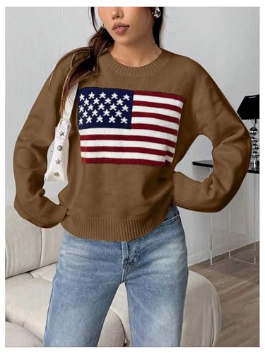 Image of SweatyRocks Women's Flag Pattern Long Sleeve Round Neck Sweater Casual Loose Pullover Sweater