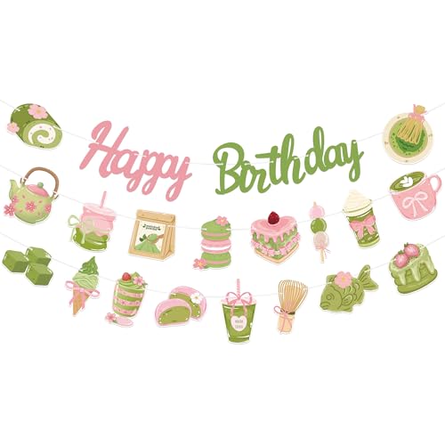 TOUROAM Matcha Birthday Decorations, Pink Green Matcha Birthday Party Banner Garland for Dessert Decoration