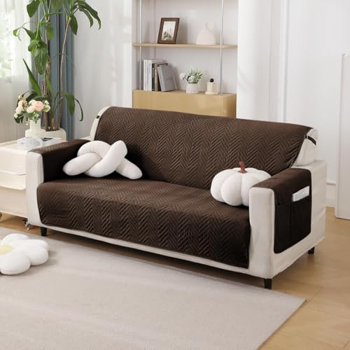 Image of HOKIPO Polyester 3 Seater Quilted Sofa Cover with Pockets, Dark Coffee (NEW2-IN-803-DCF)