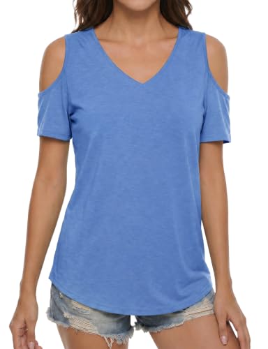 Buauty Womens Cold Shoulder Summer Trendy Top Short Sleeve Shirt Sexy V Neck Blouse Casual Tunic Tee Basic Cute TShirt21 Blue