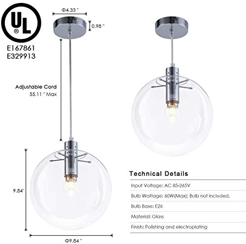 Bewamf Modern Glass Globe Pendant Light 9.84 Inch Chrome, Adjustable Edison Ceiling Pendant Light Fixtures For Kitchen Island Farmhouse Restaurants #TOP1