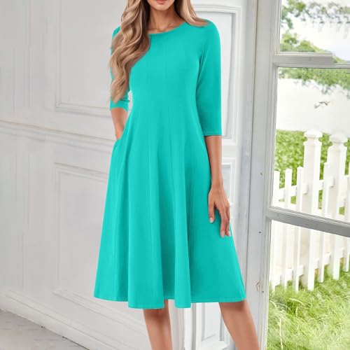 Dress for Women Casual Spring 3/4 Sleeve Ruched Dresses Midi Crew Neck A Line Solid Color with Pockets2