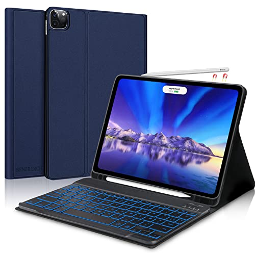 SENGBIRCH Clavier Coque pour iPad Pro 11" 2022/2021/2020/ iPad 10.9" Air 5e Gén 2022, Clavier Rétroéclairage Bluetooth sans Fil pour iPad Air 4e Gén, Housse avec Pen Holder Clavier AZERTY, Bleu Foncé Cover