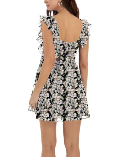Image of Women's Summer Square Neck Tie Back Ruffle Sleeve Tiered Casual A-Line Short Mini Dress