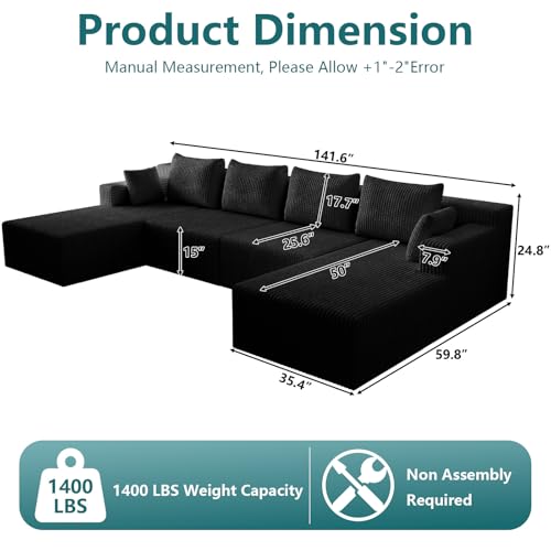 Image of 142 inch U-Shape Cloud Couch, Modern Modular Sectional U-Shape Sofa, Corduroy Boneless Couch Upholstered Couches Deep Seat Sleeper Chaise Longue for Living Room, No Assembly Required, Black