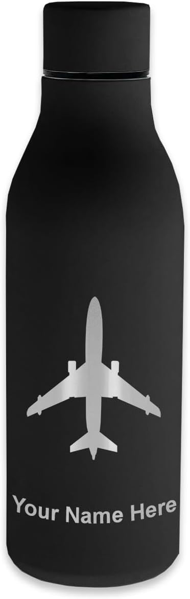 LaserGram Double Wall Stainless Steel Water Bottle, Jet Airplane, Personalized Engraving Included