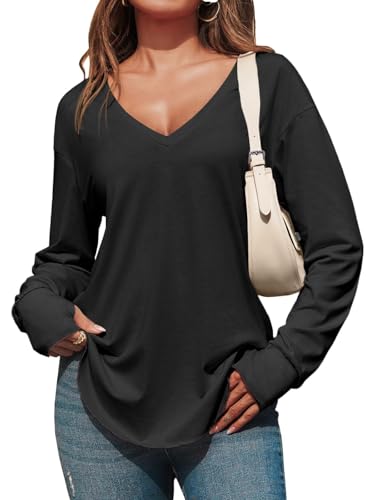 Fisoew Damen Langarmshirt Tiefer V-Ausschnitt Langarm Longshirt Oversized Shirts Lang Tunika Oberteile mit Daumenloch,Schwarz,M