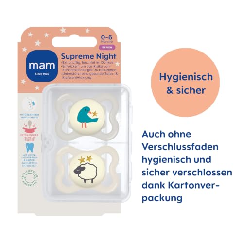 MAM Supreme Night Schnuller, 0-6 Monate, Vogel/Schaf, 2 Stück – Ansicht 2