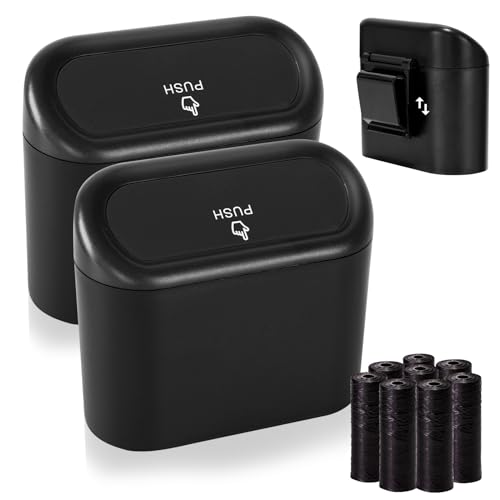 Ginsco 2 Pack Mini Car Trash Can with Lid, Small Car Garbage Can, Cute Leakproof ABS Car Trash Bin, Car Accessories for Interior, Garbage Bin for Car, Home, Office with 120pcs Trash Bags Black