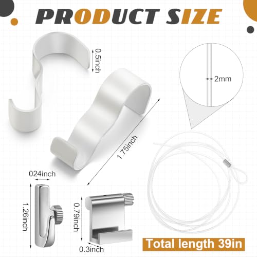 Image of Dunzy 10 Pcs Picture Rail Hooks for Hanging, 39 inch Clear Nylon Cord, White
