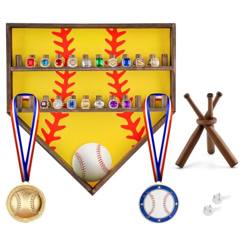Wooden Championship Ring Display Case for 24 Rings with Medal Hooks