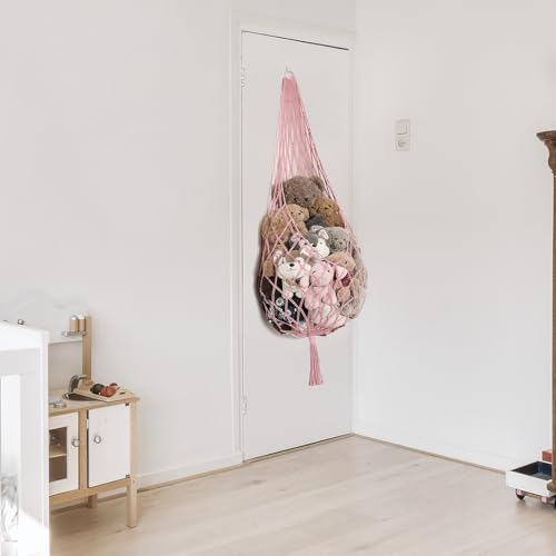 Image of Amdermi Stuffed Animal Hammock Corner Hanging Net for Stuff Animal Storage Macrame Toy Display Plush Toy Holder-Perfect for Tiny Space Walls-Kid Bedroom Decor Nursery Playroom Organizer (Light Pink)