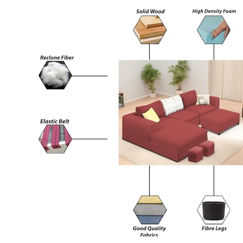 Image of Koza LHS 4 Seater L Shape Sofa Set with Center Table for Living Room (Maroon Fabric) Premium Fabric Sofa