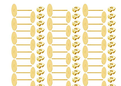 Adabele 200Pcs Hypoallergenic Earring Posts Gold Plated Brass Stud Earrings 6Mm Flat Board Glue On Setting With Earnut Backs Cf222-6 #TOP1
