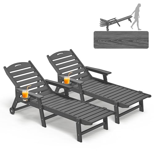 Oversized Patio Chaise Lounge Set of 2, 5 Positions Adjustable HDPE Outdoor Lounge Chair with Rolling Wheels & Cup Holder,All-Weather for Poolside, Beach, Garden - Gray Grey Oversized-2 PCS
