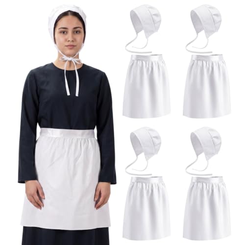 Bunnycool 4 Sets Women Amish Costume Accessory White Colonial Bonnet Apron