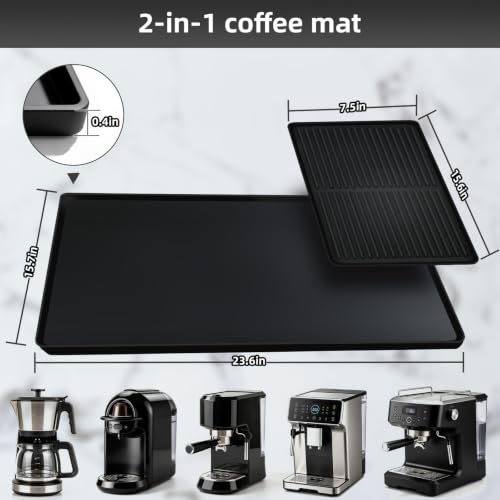 Image of Coffee Mat with Detachable Dish Drying Mat，24'' x 16'' Large Silicone Coffee Bar Station Mat for Countertop, Stays in Place, Waterproof and Heat Resistant Machine Accessories Mat with Raised Edges