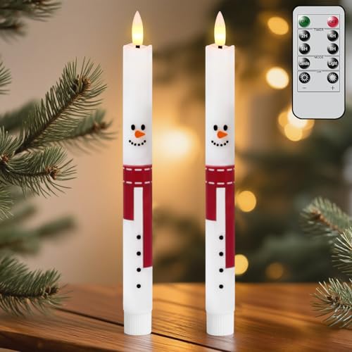 Image of Christmas Flameless Taper Candles with Remote Timer, 2 Pcs Snowman with Scarf LED Candlesticks with 3D Flickering Flame for Home Decor Christmas Gifts