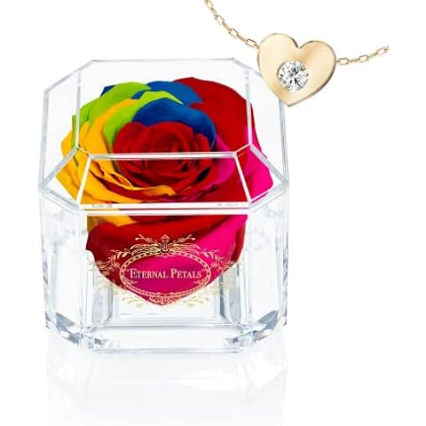 A Real Rose That Lasts Years - Eternal Petals, Handmade in UK - Gold Solo with Gift Box, 18 ct Gold plated Heart Necklace with Clear Crystal and Love Message Greeting Card (Rainbow) Cover