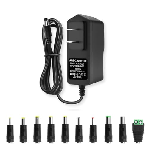Image of 24V 0.5A Power Supply 100-240 50/60Hz AC to DC 24V Power Cord Adapter, 24Volt 500mA Universal Transformer, 5.5mm x 2.5mm Plug & 10 Tips