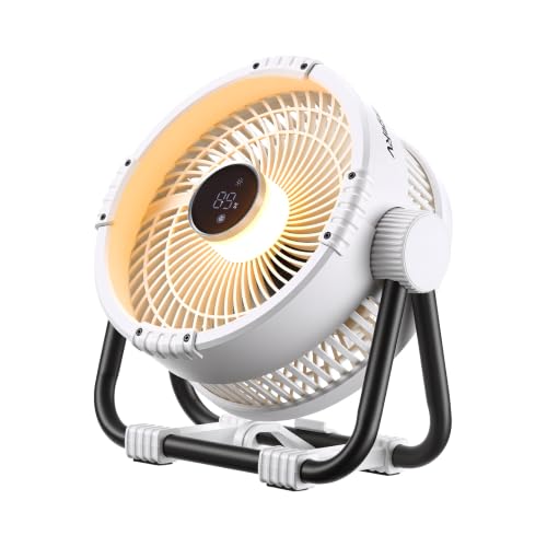 Image of BougeRV Portable Fan Rechargeable, 20000mAh Battery Powered Fans with 4 Wind Speeds Hook Brighter Light LCD Display 270 Rotatable for Camping, Tent, Outdoors, Indoors, Office, Travel, RV, White
