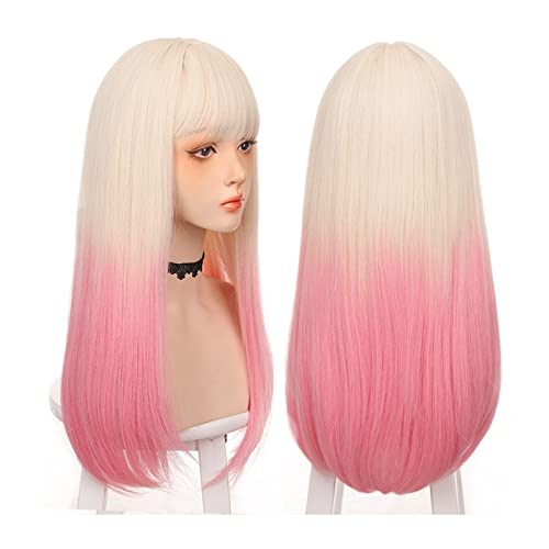Perruque blonde dégradé rose avec frange lisse et résistante à la chaleur pour un look naturel