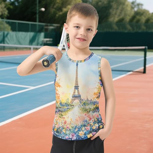 Boys Tank Top Shirts Watercolor Eiffel Tower Floral Sleeveless T-Shirts Crew Neck for Kids Clothing Children 6