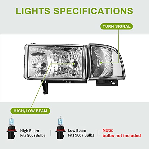 Autosaver88 Headlights Assembly Compatible With 1994-2001 Dodge Ram 1500/1994 1995 1996 1997 1998 1999 2000 2001 2002 Ram 2500 3500 Chrome Housing Clear Reflector Clear Lens With Corner Lights #TOP1