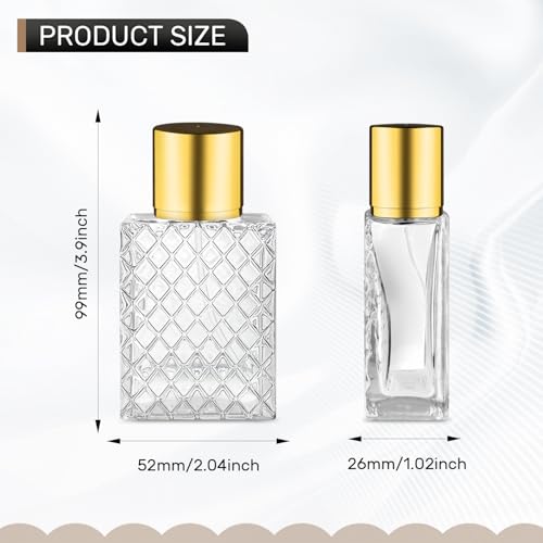 6 Pcs 50ml/1.7oz Glass Perfume Spray Bottles with Gold Lid Empty Square Fine Mist Sprayer Refillable Atomizer Pump Bottle for Water Alcohol Toner Essential Oils,2 Pipettes,2 Funnels2